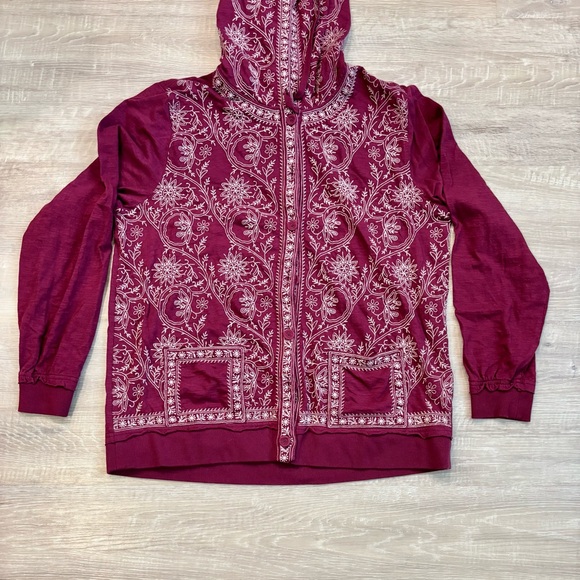 Soft Surroundings Burgundy Embroidered Button-Front Hooded Cotton Jacket Medium - Picture 2 of 7